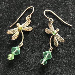 Silver dragonfly earrings, green stone, Swarovski